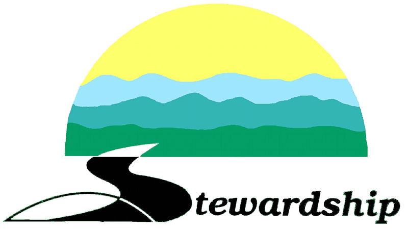Graphic of a sun over land and water with a bird and the word Stewardship.