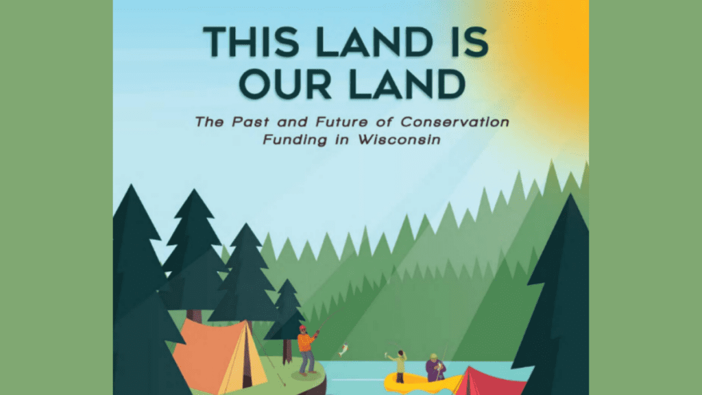 The cover page of the report called This Land is Our Land and a bar graph with blue bars.