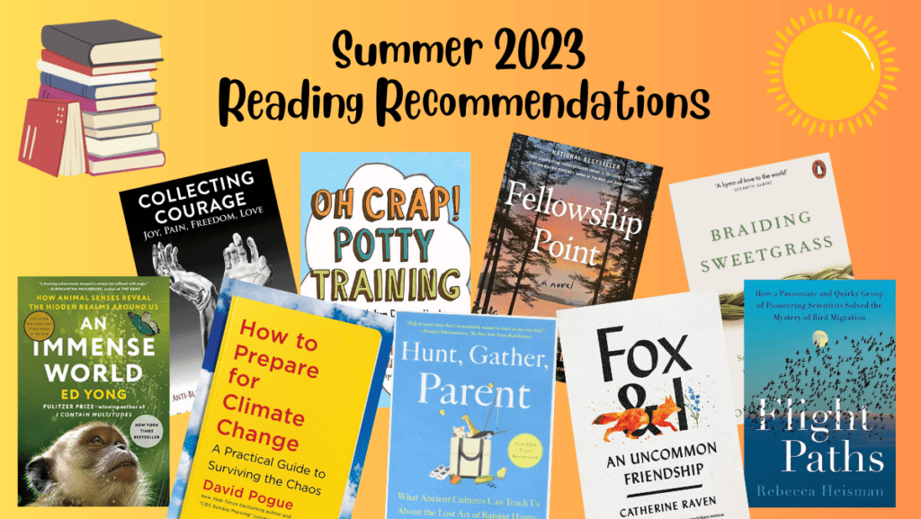 A collage of book covers over an orange background with text that reads Summer 2023 Reading Recommendations