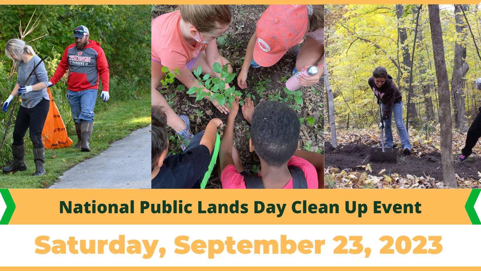 Collage of people cleaning up trash outside with text reading "National Public Lands Day Clean Up Event. Saturday, September 23, 2023"