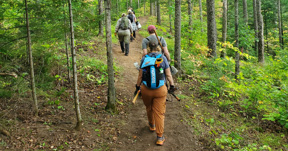People hiking on a trail between a wooded area
