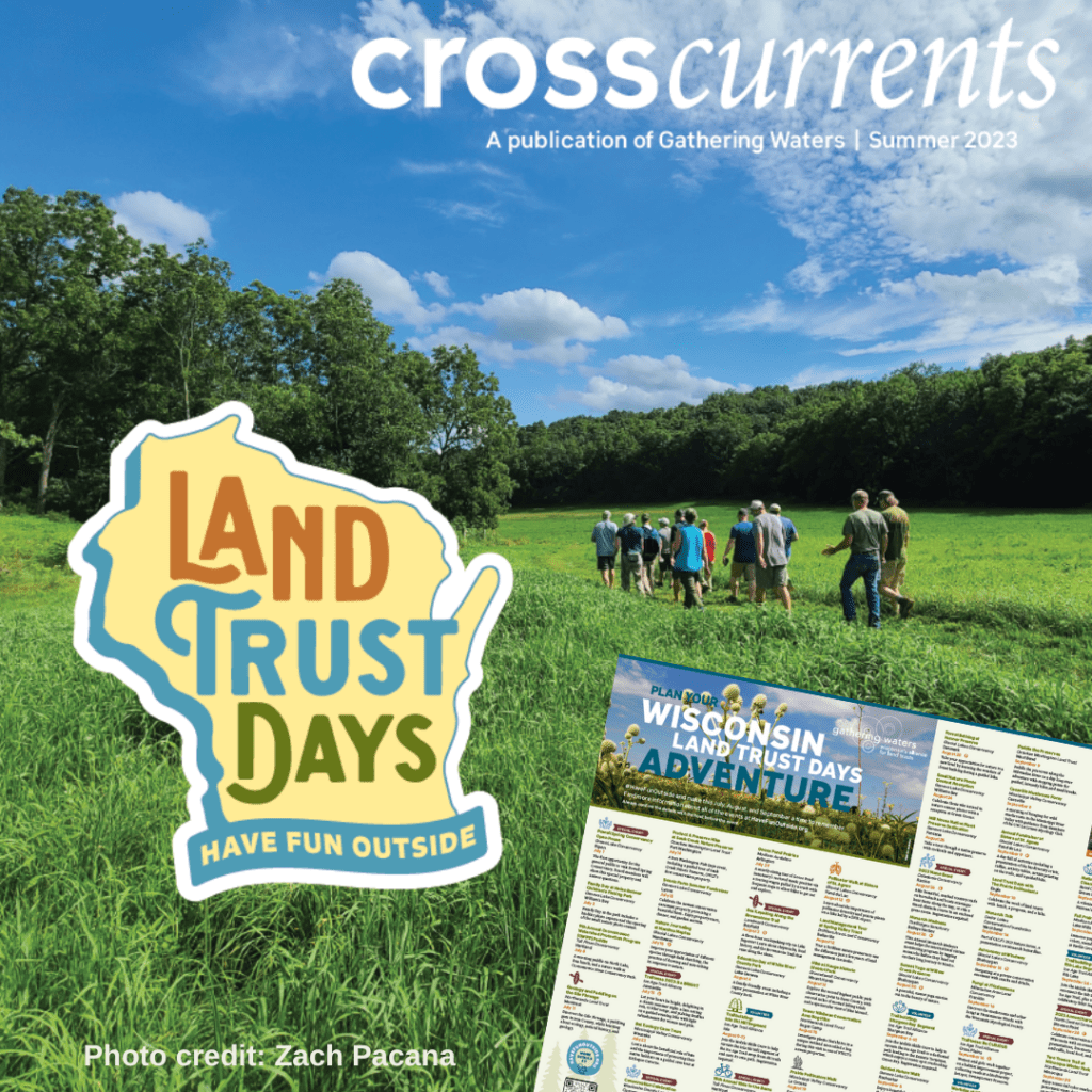 Photo of people hiking in a large grassy field with the Land Trust Days logo and a list of events overlaid