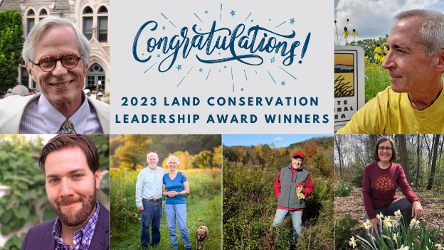 Photo collage showing the six winners of Land Conservation Leadership Awards and the text Congratulations!