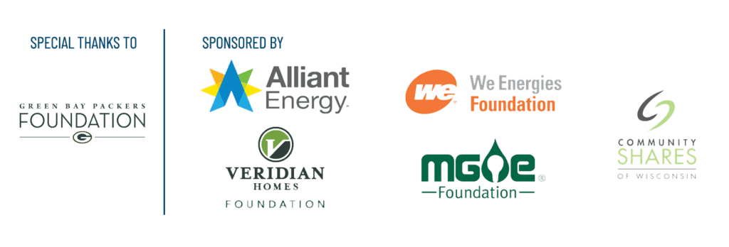 Gallery of event sponsor logos: Green Bay Packers Foundation, Alliant Energy, Veridian Homes Foundation, We Energies Foundation, MGE Foundation and Community Shares or Wisconsin.