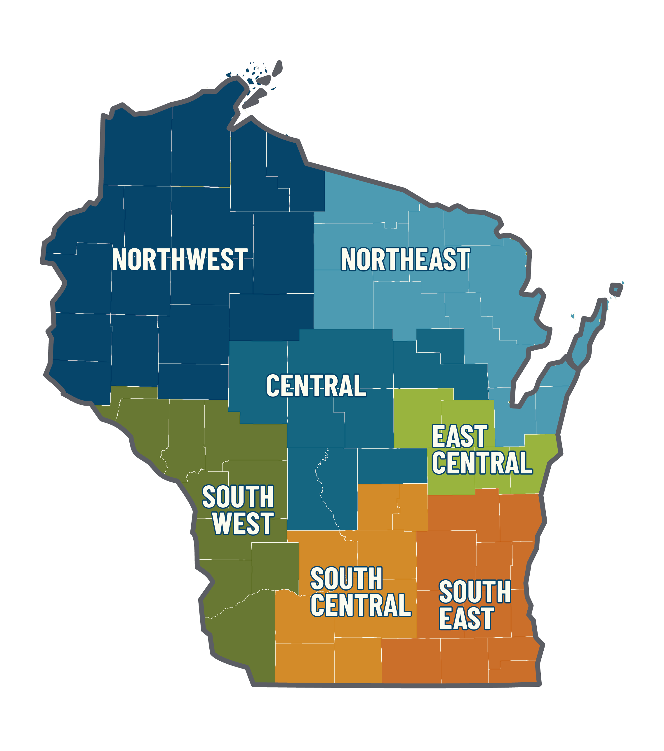 Illustrated Map showing the seven regions for the state of Wisconsin.