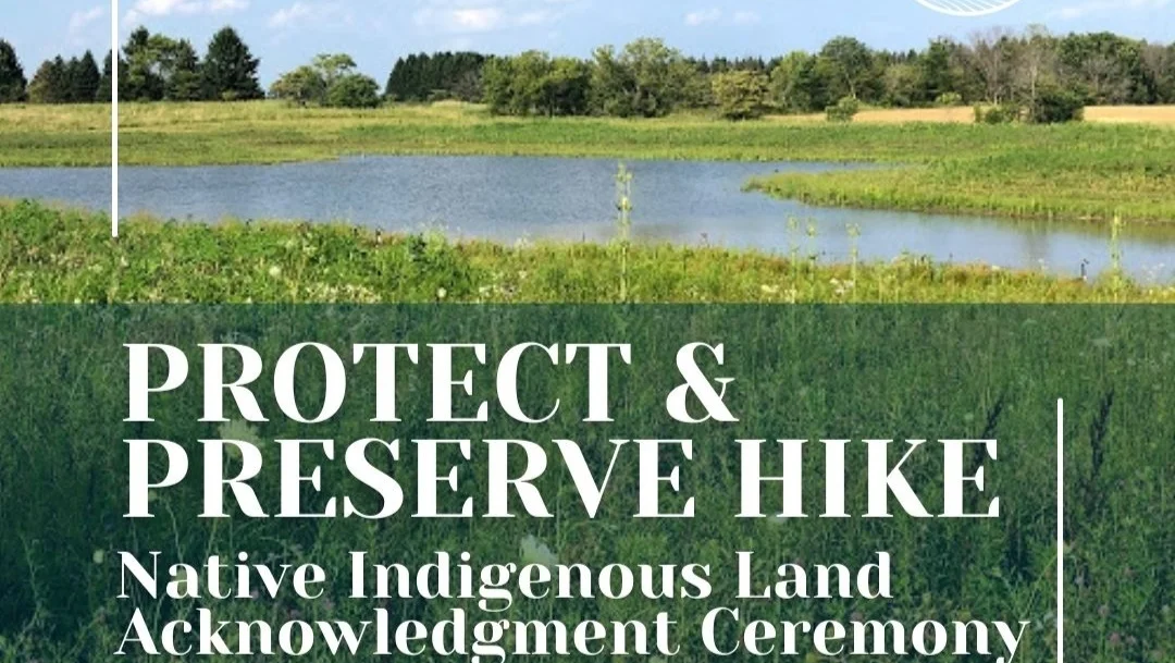 Wetland in summer with text that reads "Protect and Preserve Hike. Native Indigenous Land and Acknowledgment Ceremony"