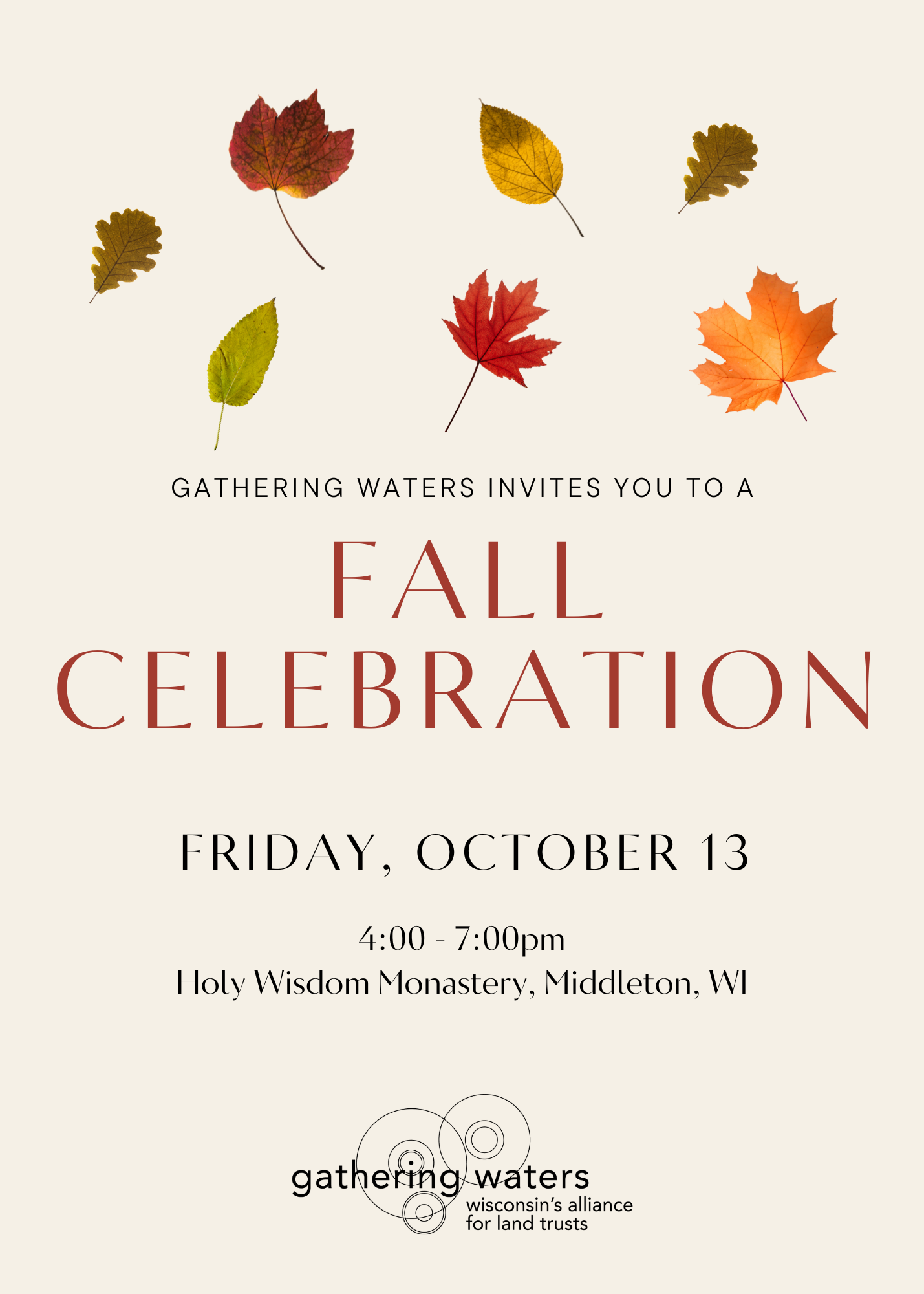 Invitation for Gathering Waters' 2023 Fall Celebration on Friday, October 13.