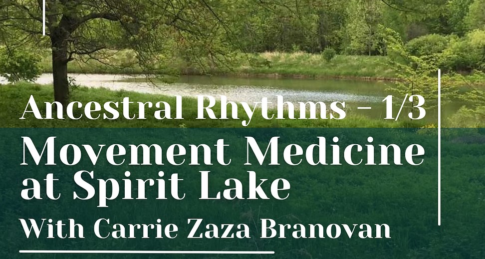 A serene lake and text promoting Ancestral Rhythms workshop.