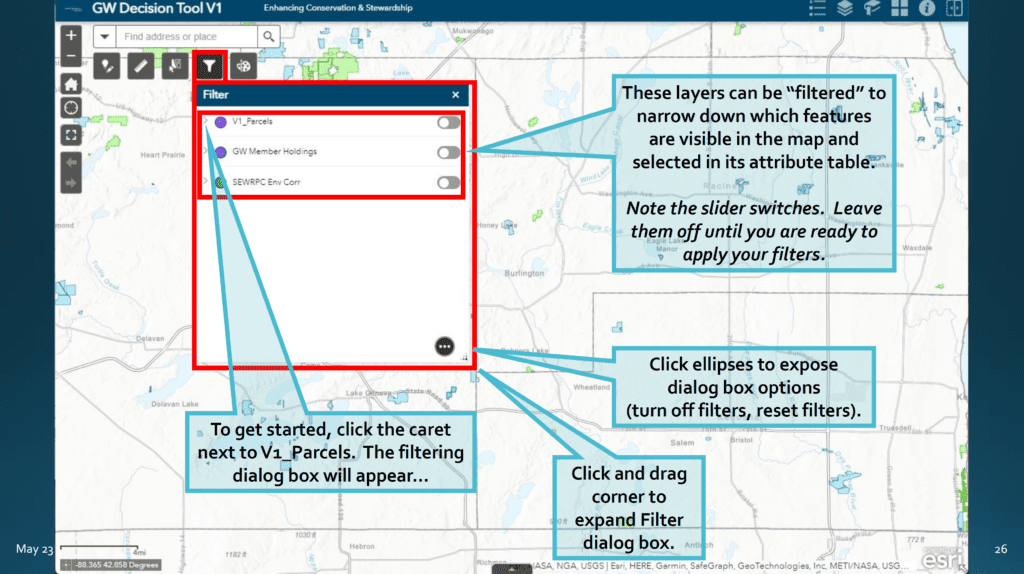 GIS map with pop up text blocks explaining different items on the map.