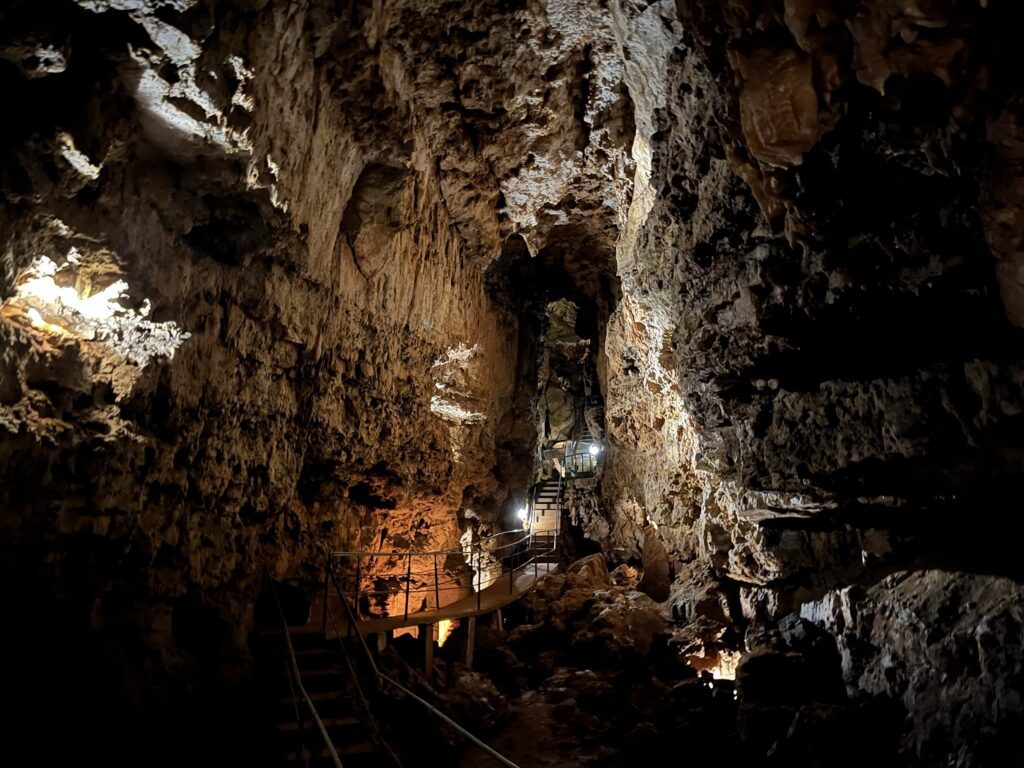 Inside a darkly lit cave with a high ceiling.