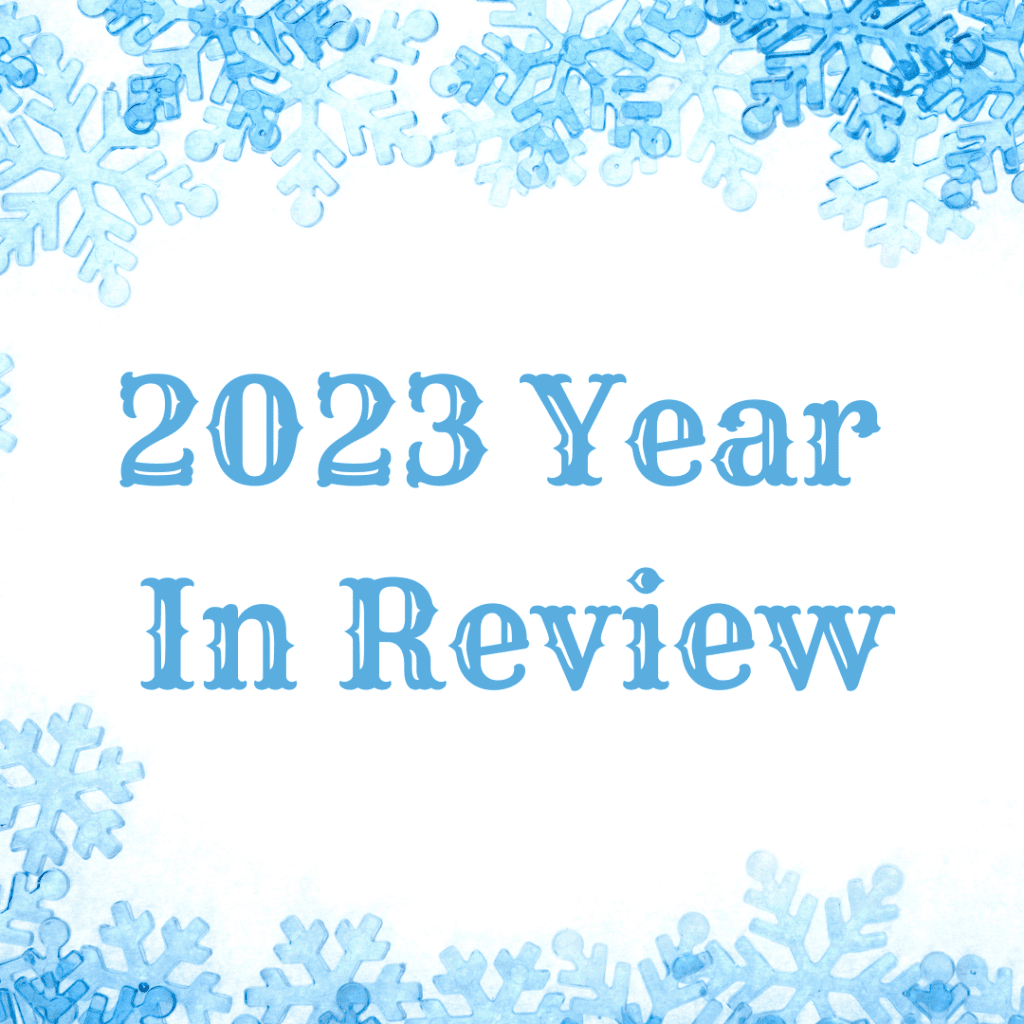 Graphic with a blue snowflake border and text "2023 Year in Review"