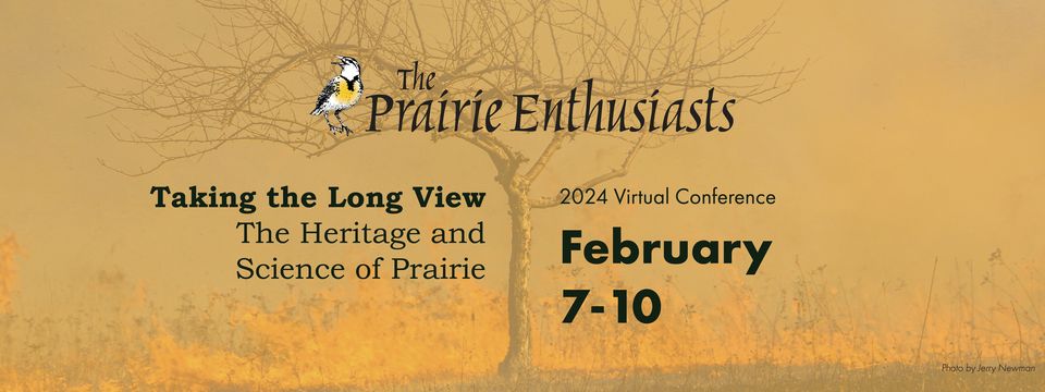 Promo for The Prairie Enthusiasts' annual conference with a photo of a faded tree and a field.