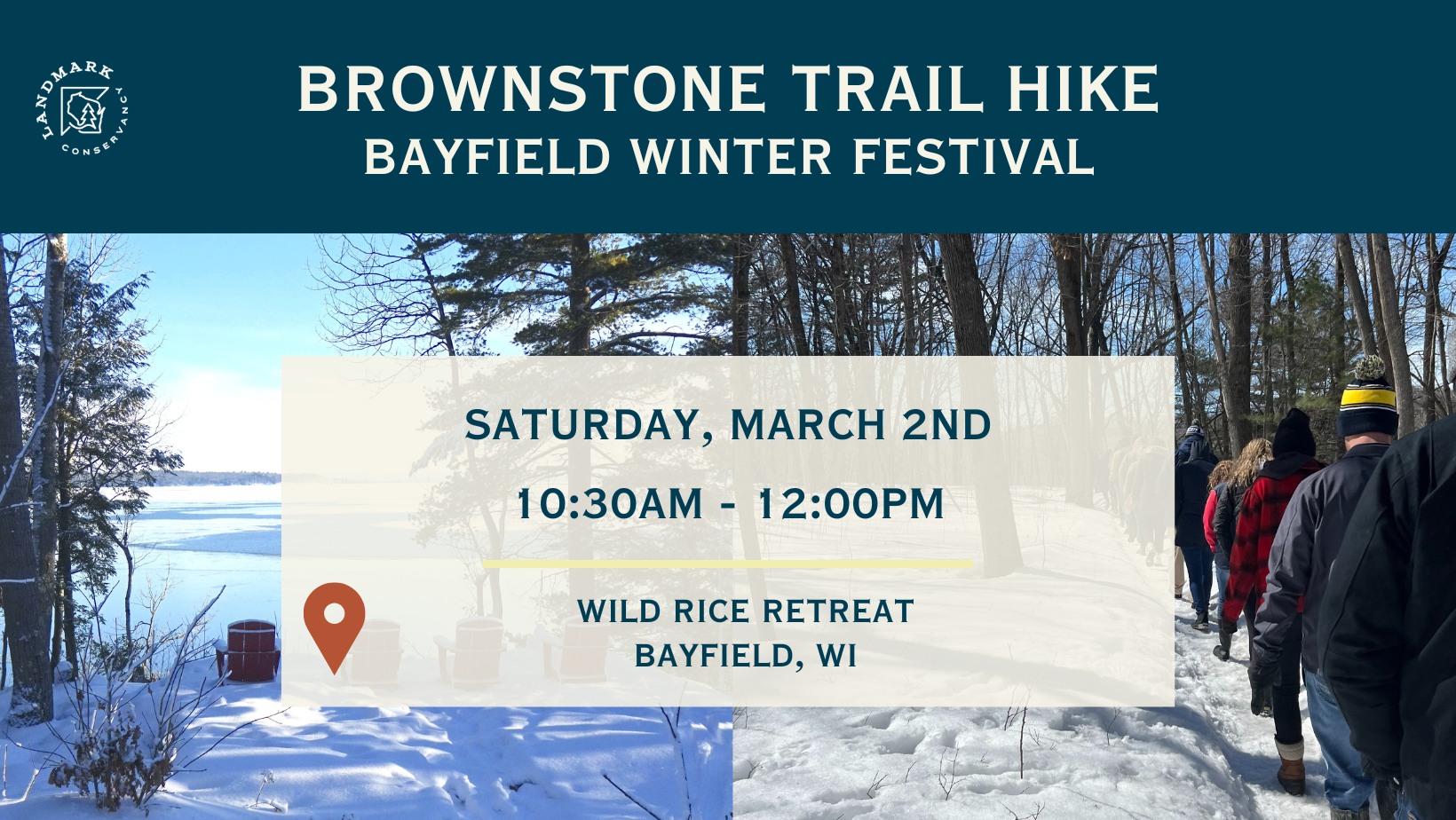 Promo for Brownstone Trail Hike with two winter photos overlaid with text about the hike.