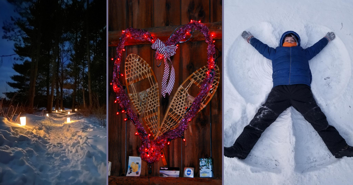 A collage of three photos featuring winter scenes and a pair of snowshoes with Valentine's Day decorations.
