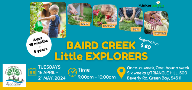 A flyer for Baird Creek Preservation Foundation's Baird Creek Little Explorers event. The date, time, location, and registration price is listed.