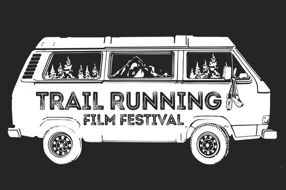 A black and white graphic of a camper van with text: "Trail Running Film Festival"