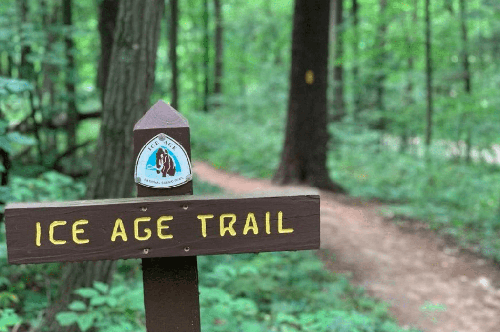 Wooden Ice Age Trail sign with blurred trees and trail in the background.