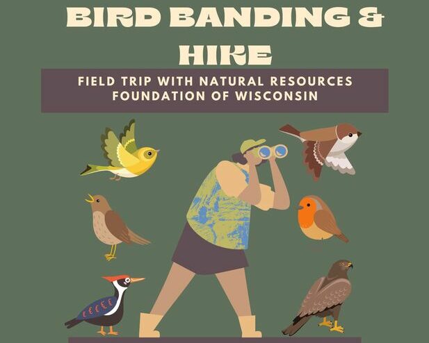 A flyer for a "Bird Banding & Hike" event shows various cartoon birds surrounding a cartoon person looking through binoculars.