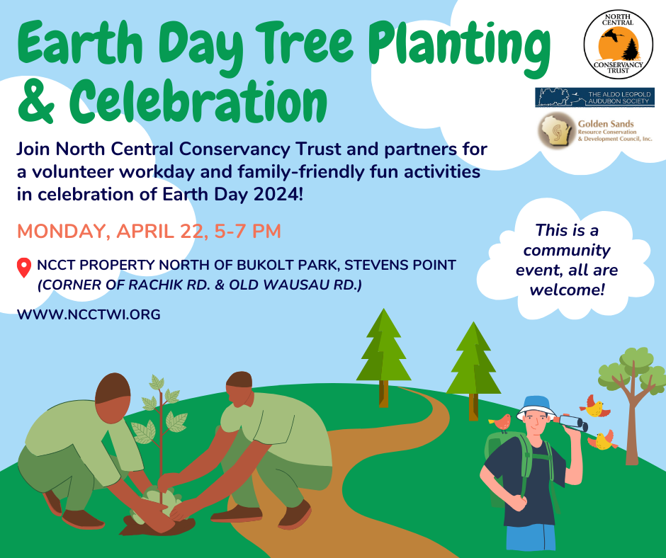 A flyer with a cartoonish style displays event details for Earth Day Celebration and Tree Planting.