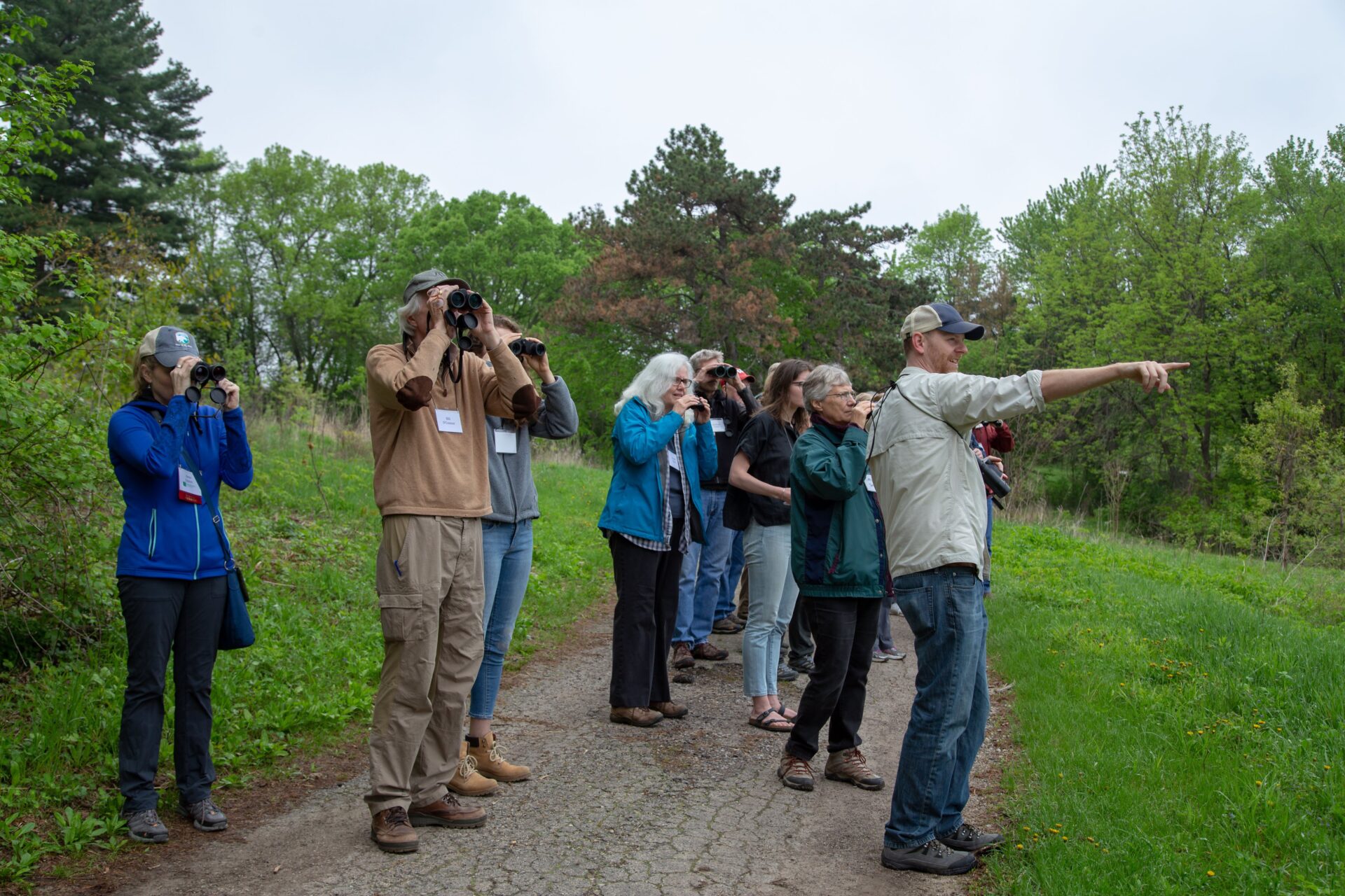 A group of birders peer through their binoculars while a hike leader points in the correct direction.