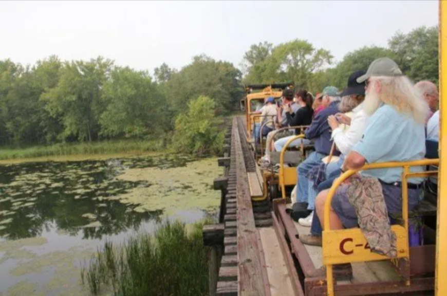 A group of 20 or so individuals ride on an open-air passenger train as it crosses a bridge over a body of water with many lily pads.