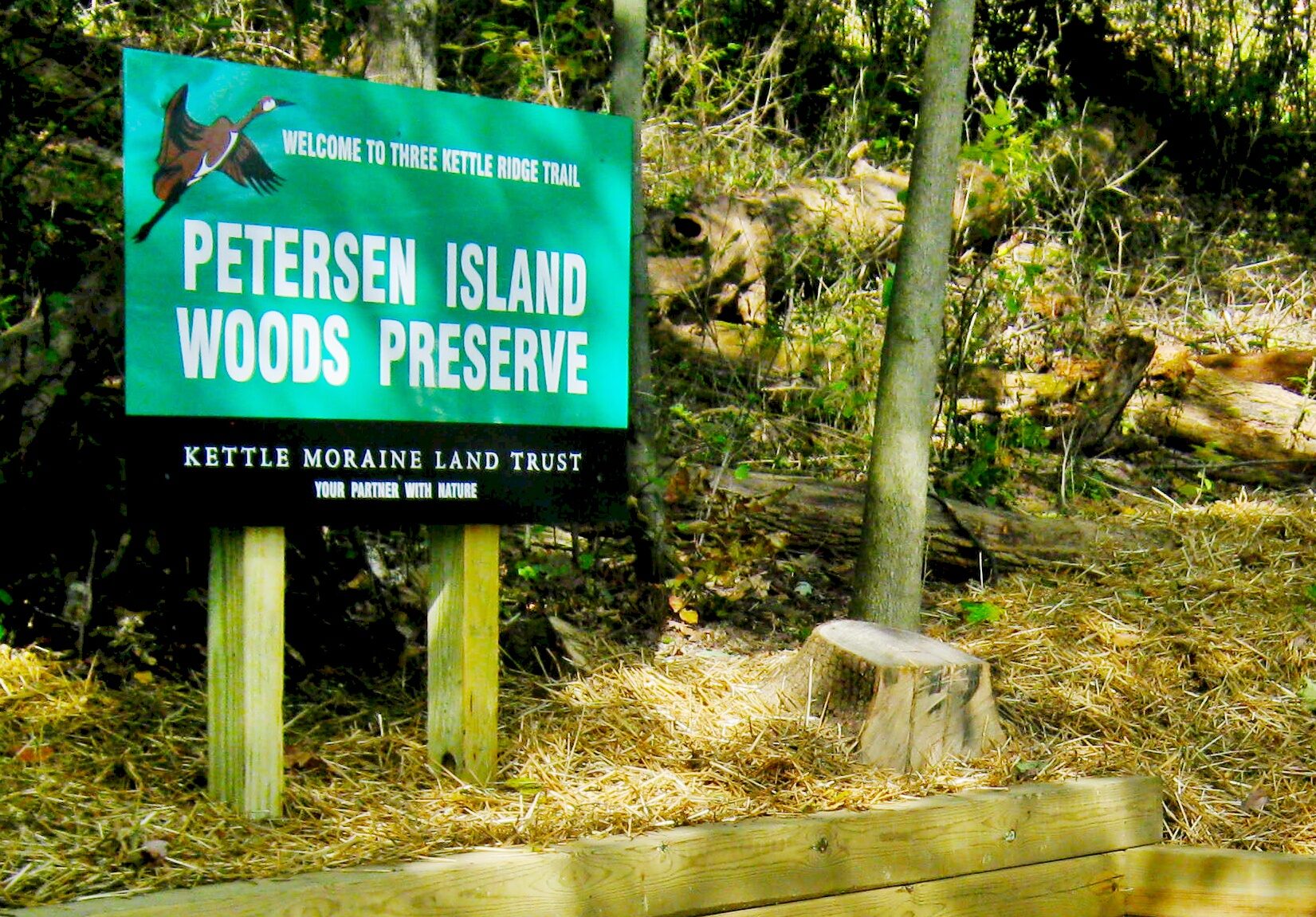 Green park sign for the Peterson Island Wood Preserve