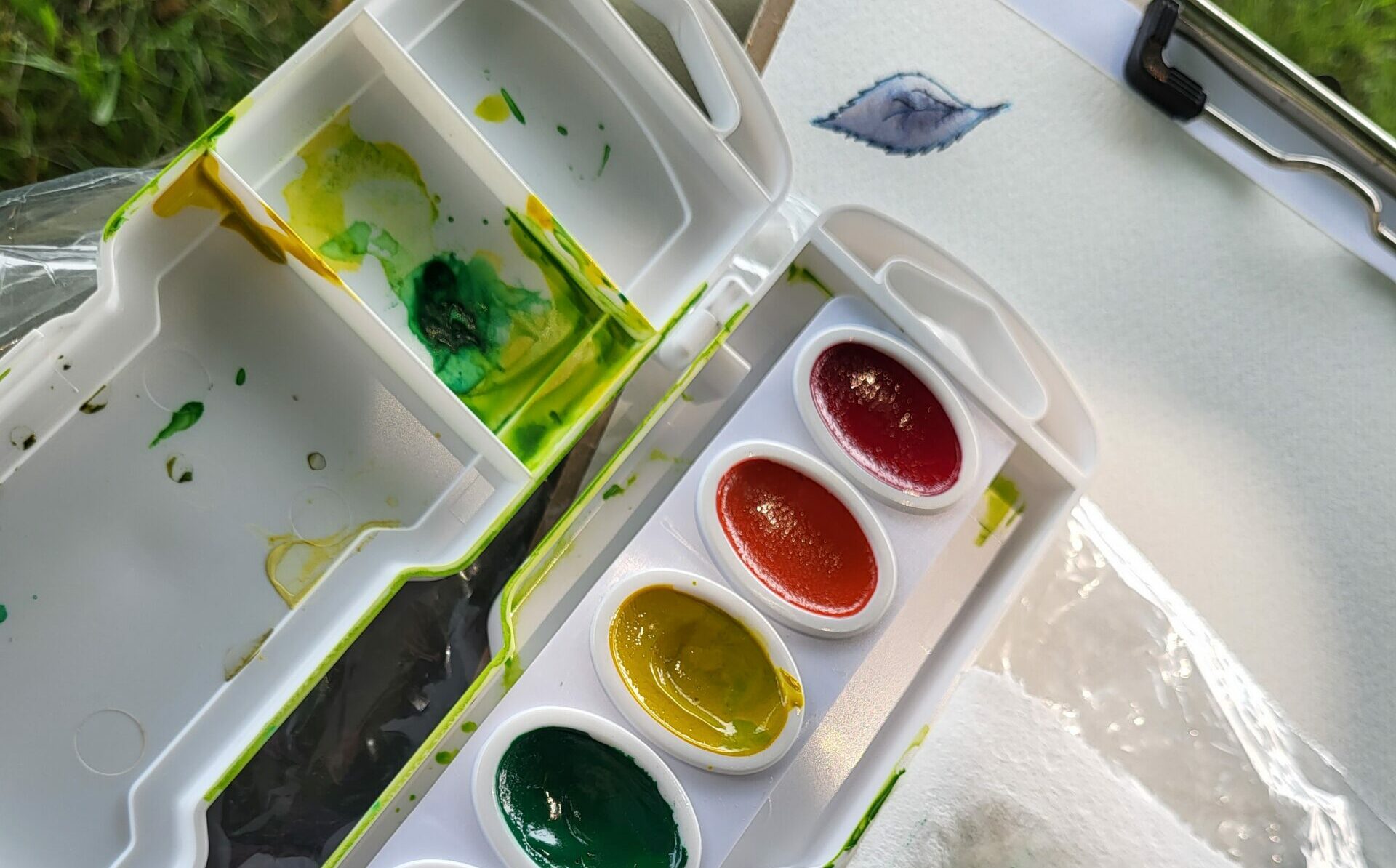 Close-up of a paint palette with a clipboard in background