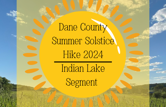 A computer graphic of a sun with text overlaid, "Dane County Summer Solstice Hike 2024"