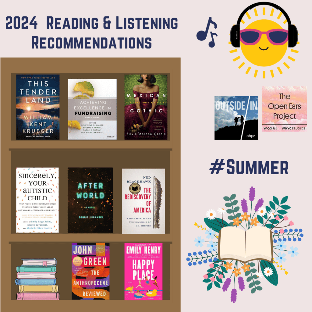 A collage of book and podcast covers recommended by Gathering Waters staff.