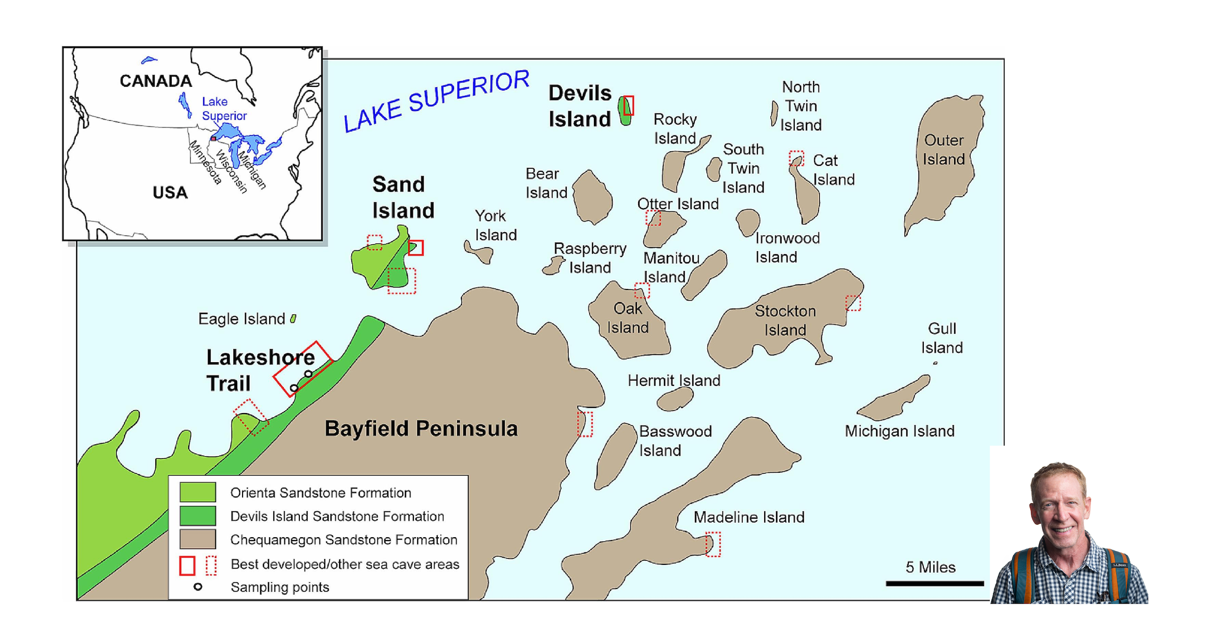 A simplified geological map of the Apostle Islands showing the locations of cliffs with cavities and sea caves.