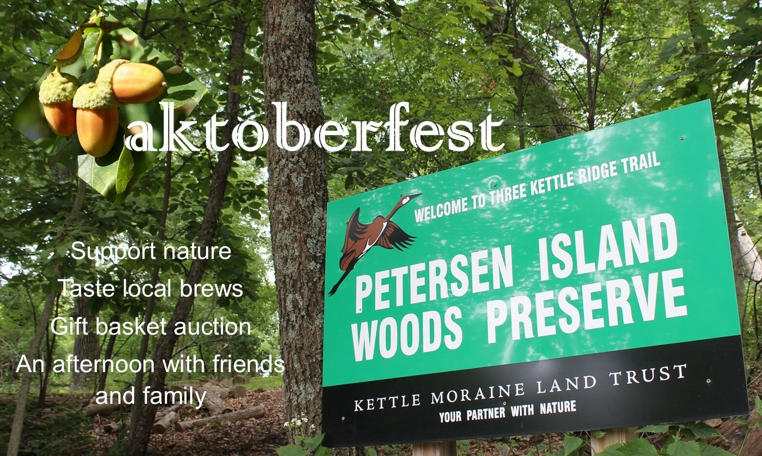 A large sign for the Petersen Island Woods Preserve, conserved by the Kettle Moraine Land Trust.