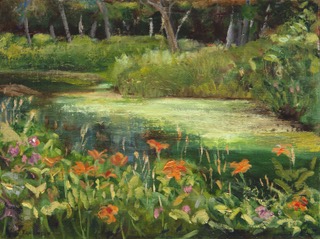 Art by Tina Duemler depicting flowers by a stream