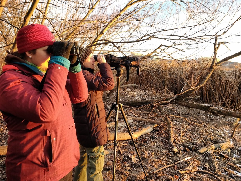 A person looking through binoculars.