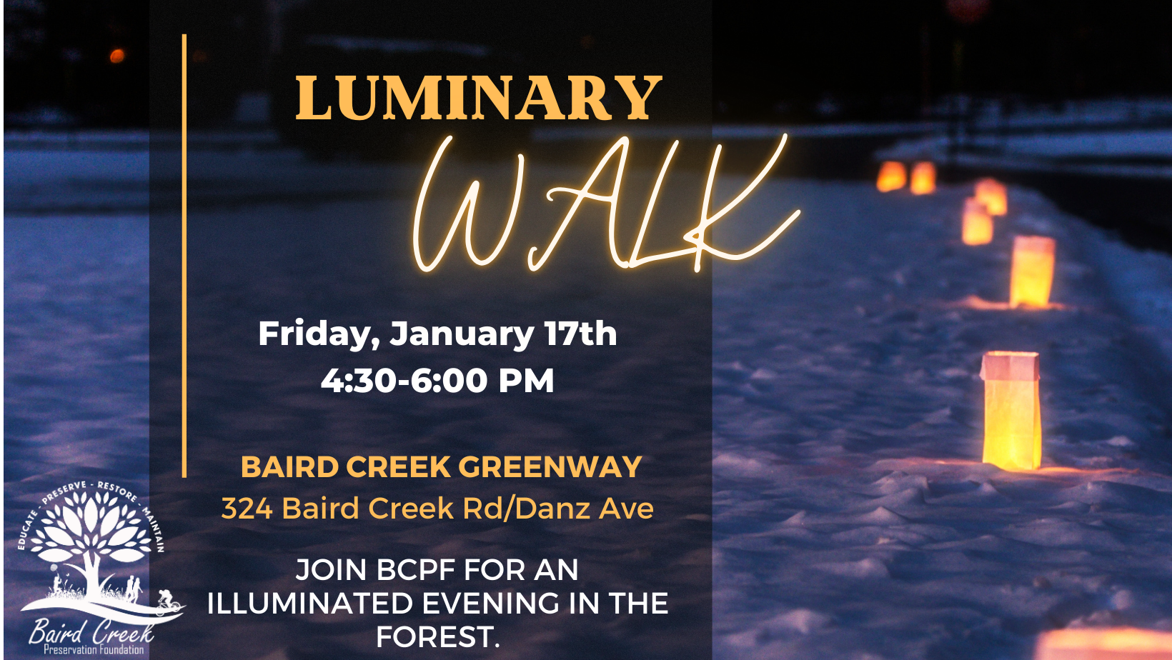 Poster for Luminary Walk at Baird Creek Preservation Foundation.