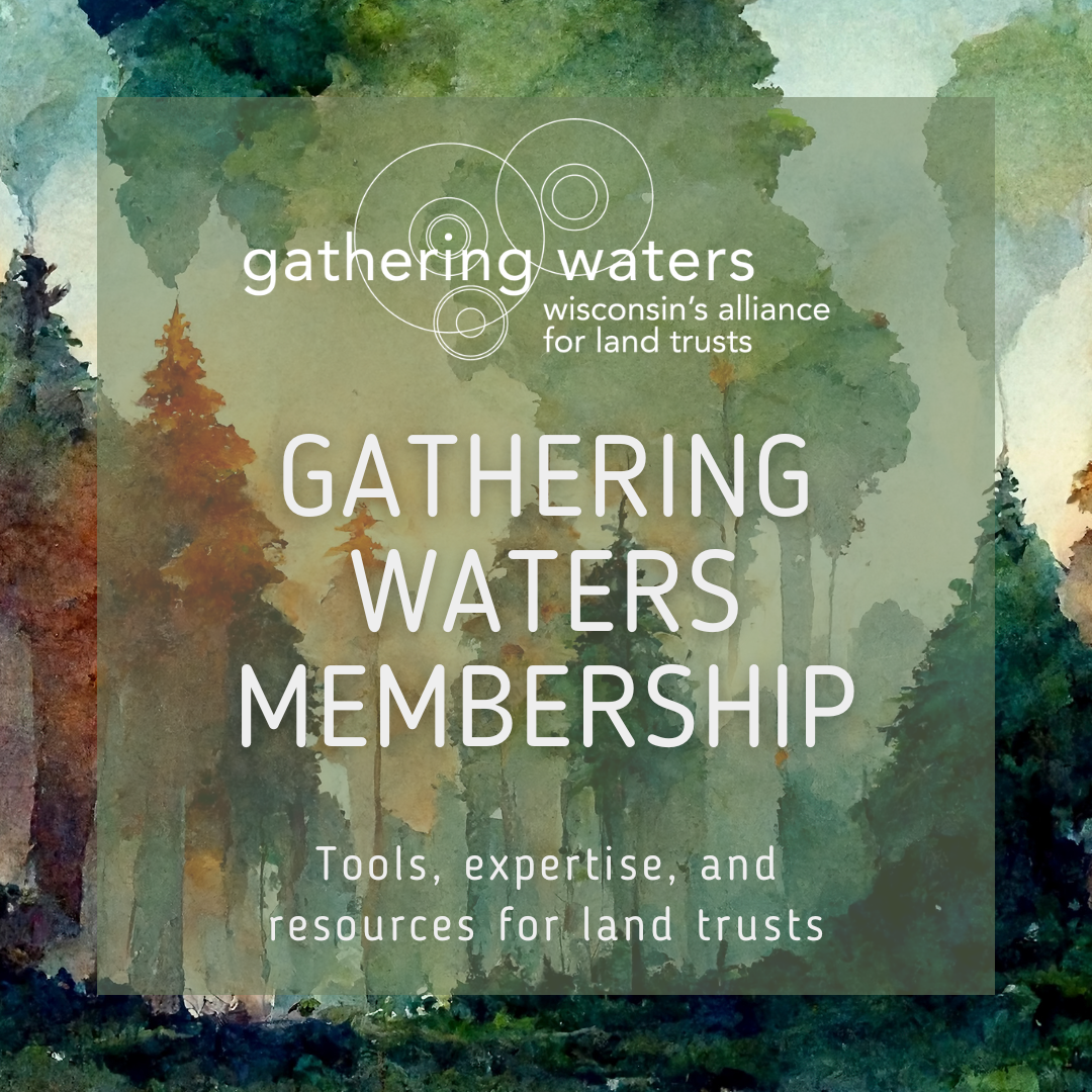 Graphic with dark colored trees and text about Gathering Waters Membership.