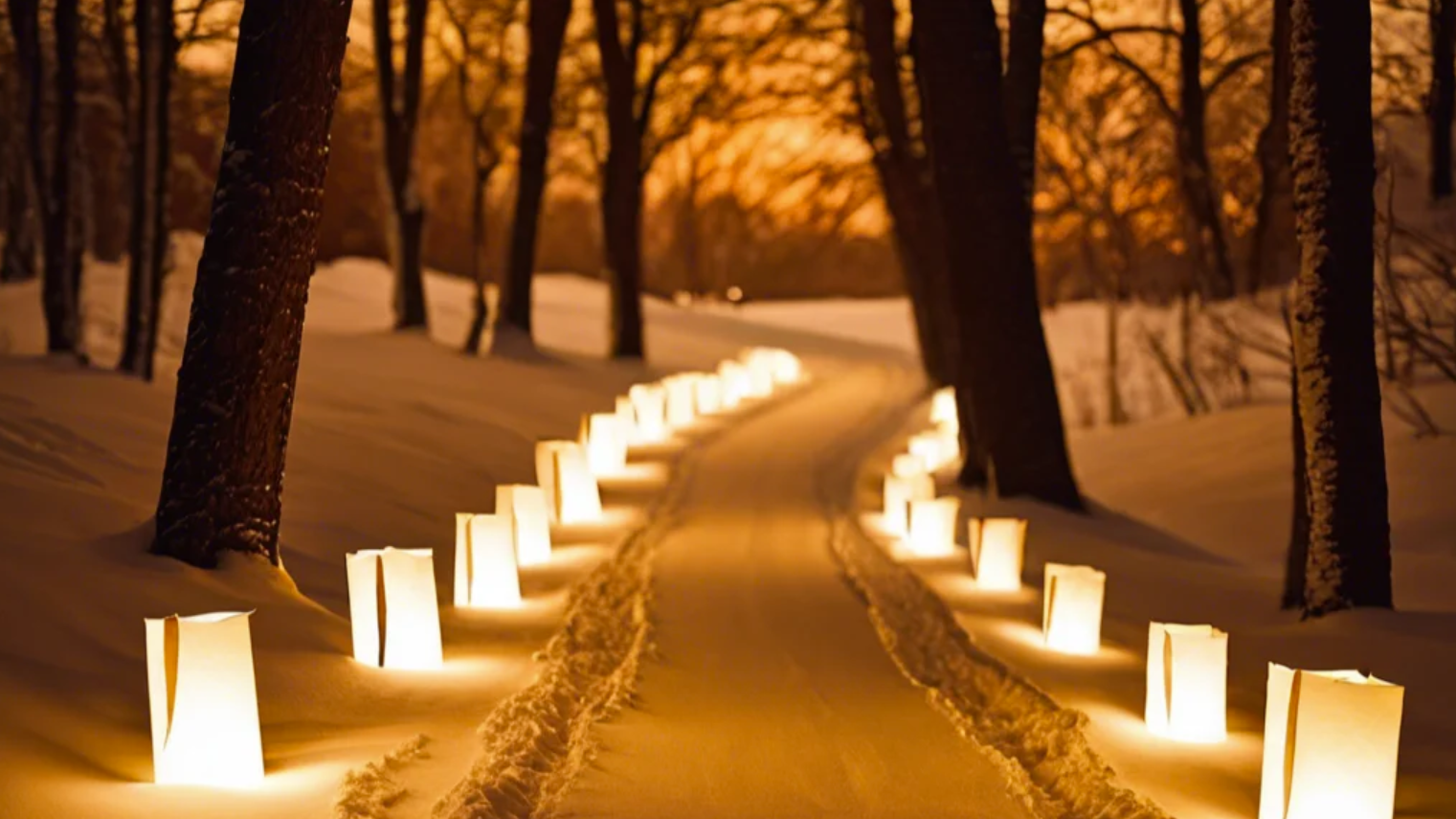 Candlelit snowy hike through a forest.